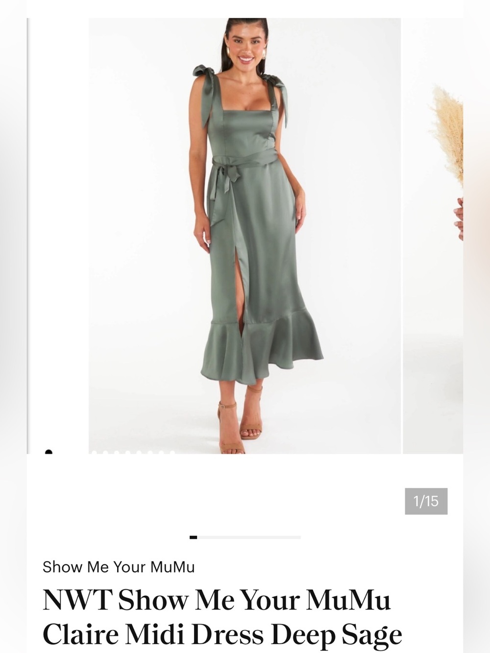 Show Me Your MuMu Deep Sage Satin Tie-Shoulder Midi Dress